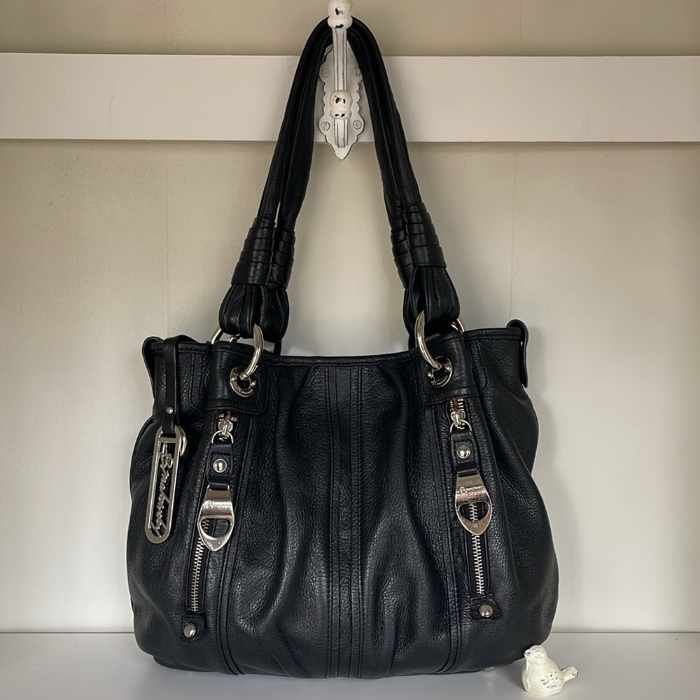 B. Makowsky Black Leather Shoulder Bag with Silver Accents